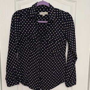 LOFT Navy and Ivory Polka Dot Button-Down Shirt